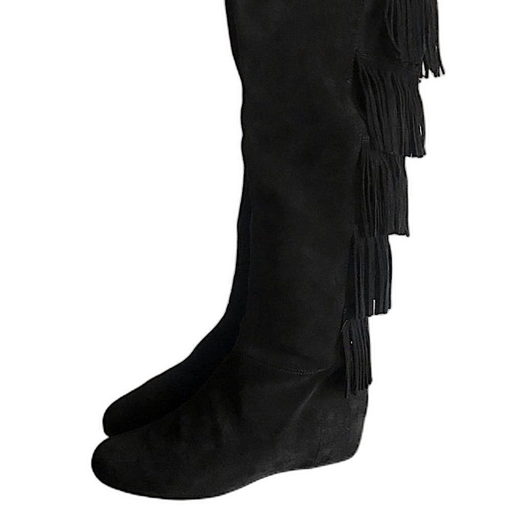 Isola Black Suede Genuine Leather Fringed Boot Size 37
